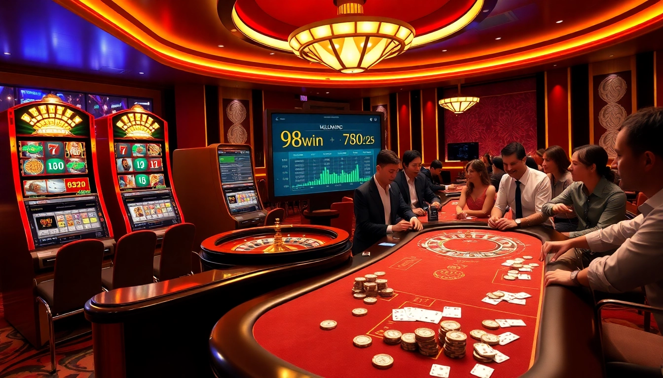 High-energy casino environment showcasing 98win vin with poker chips and roulette wheel.