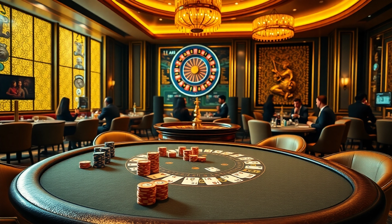 Experience the excitement of nhà cái S8 in a luxurious casino ambiance featuring poker tables and roulette wheels.