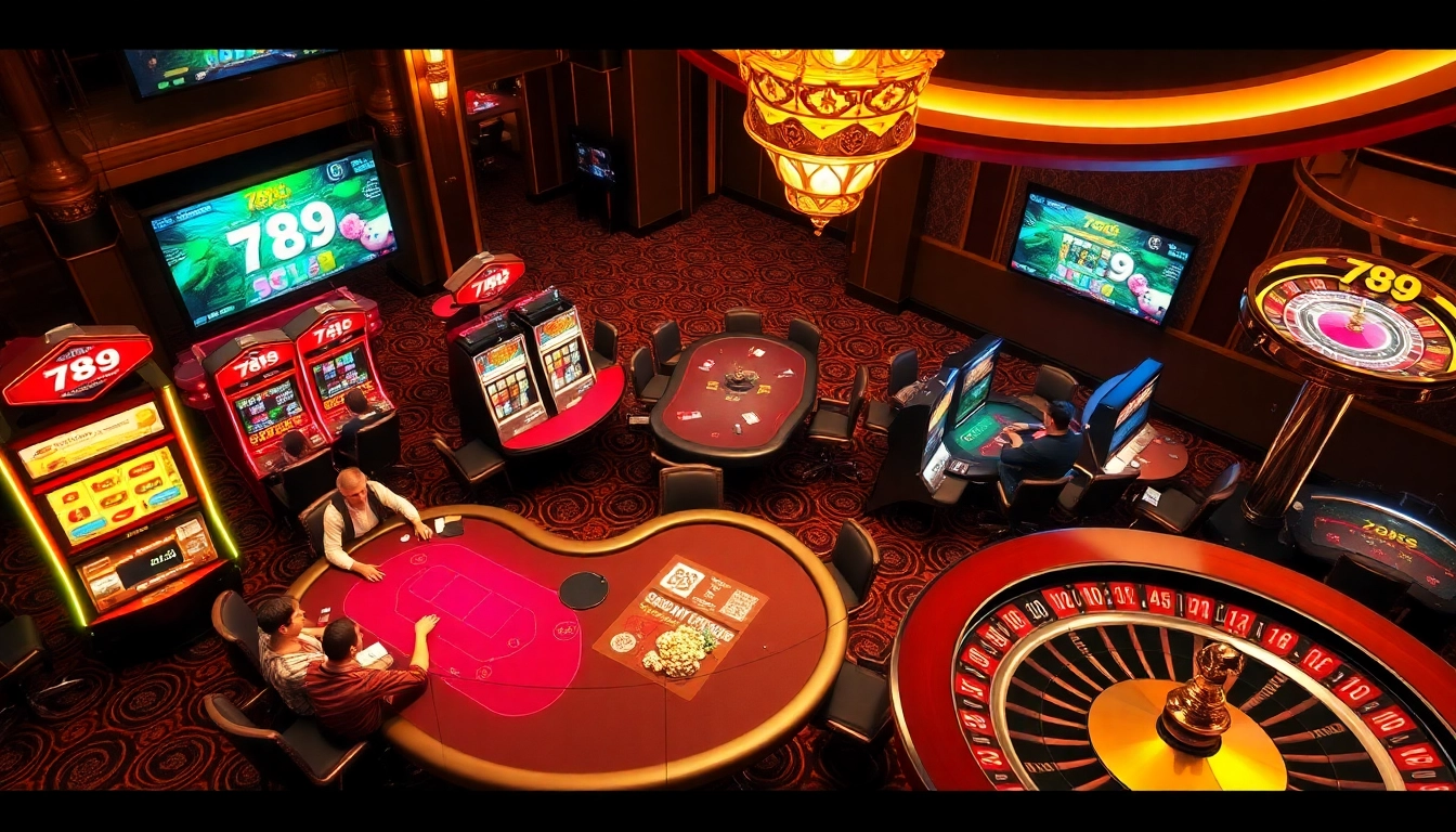 Engaged players at 789 Club poker table with vibrant slot machines in a luxurious casino atmosphere.