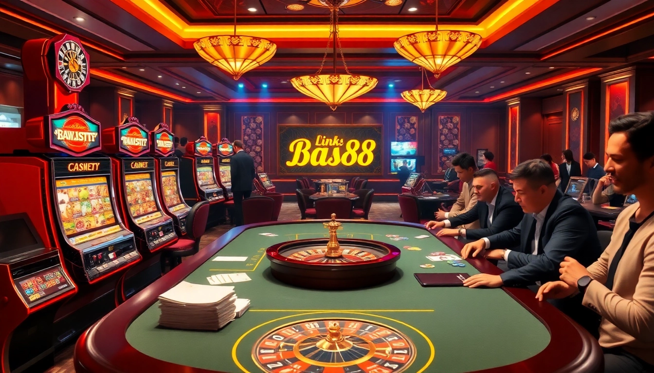 Gamblers enjoying a vibrant casino atmosphere, promoting Link New88 with engaging gaming scenes.