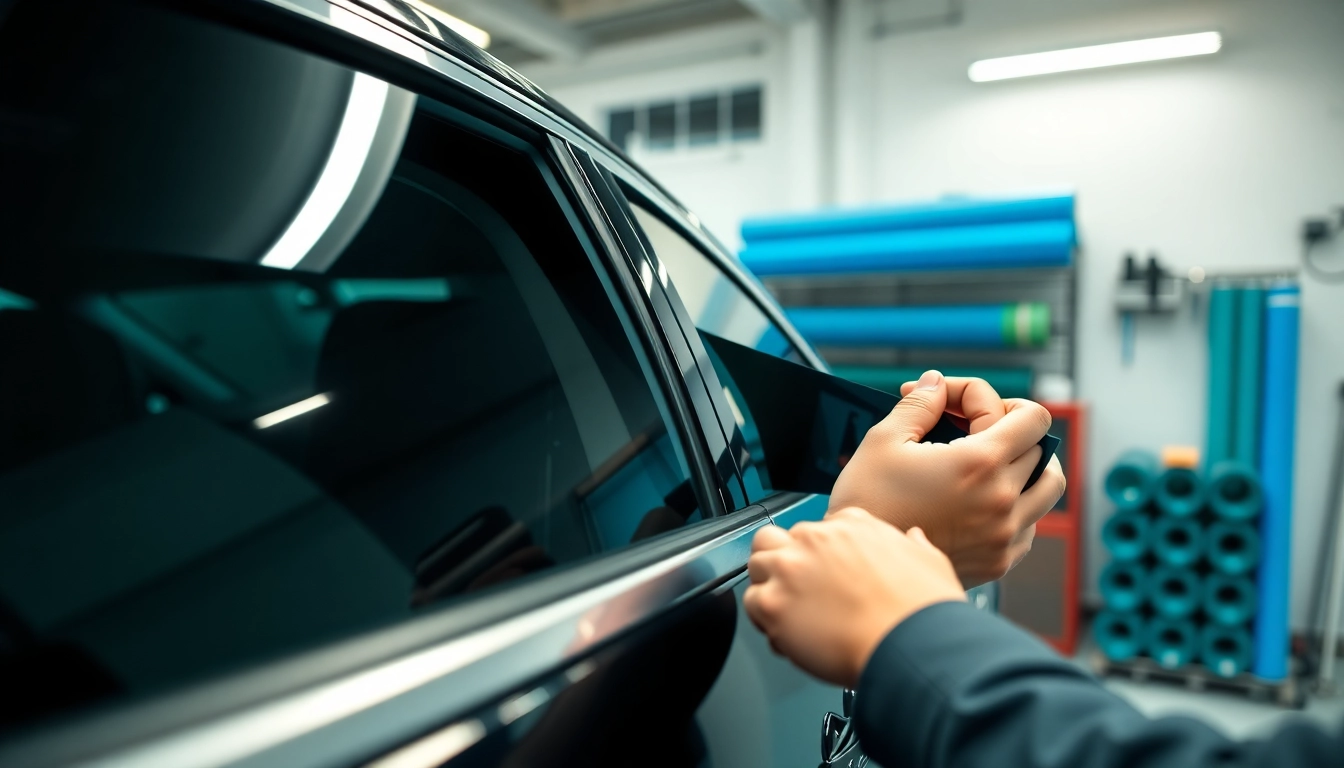 Install window tint Chattanooga with a skilled technician in a bright, modern garage.