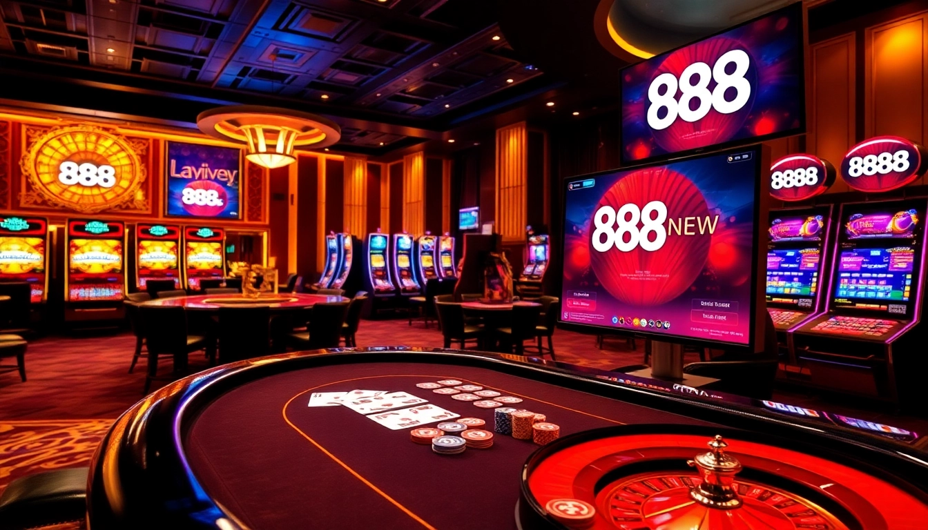 An exciting scene featuring a luxurious casino environment highlighting 888new’s poker tables and digital gambling displays.