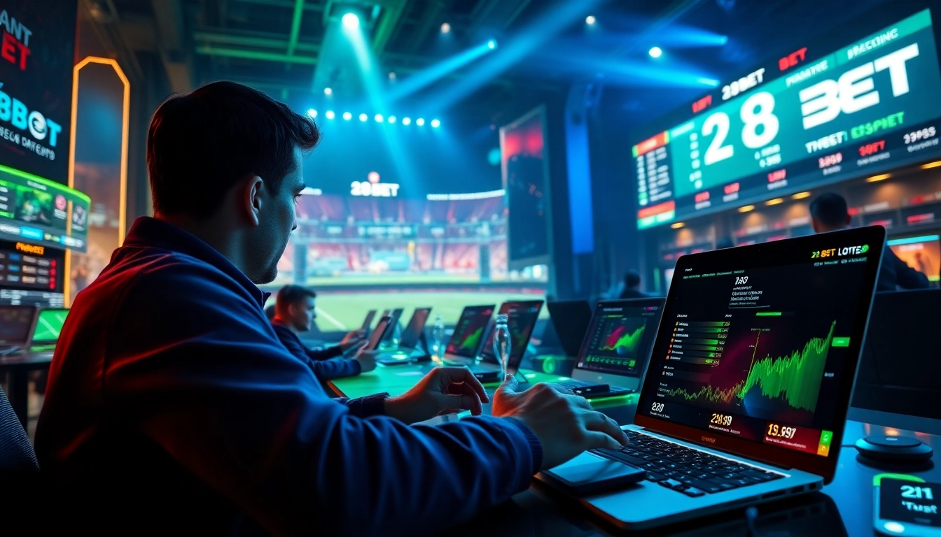 A dynamic online betting scene highlighting 28BET with modern gaming interfaces, sports betting excitement, and engaging digital elements.