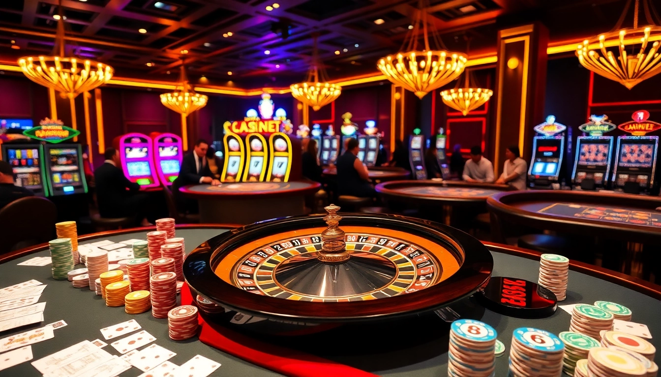 Exciting scene of casino en ligne Français with vibrant tables, poker chips, and roulette wheel.
