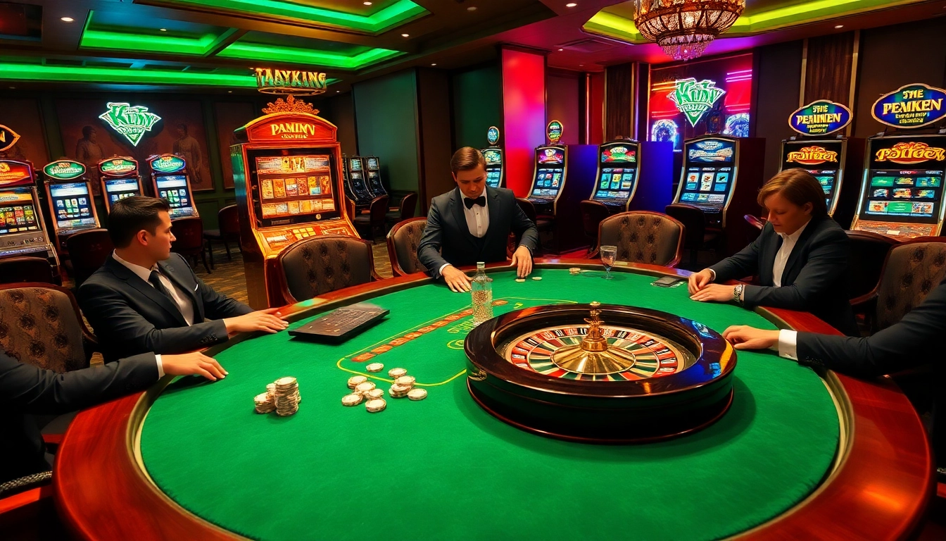 Exciting poker action at a luxury 79King-themed casino table with players and vibrant chips.