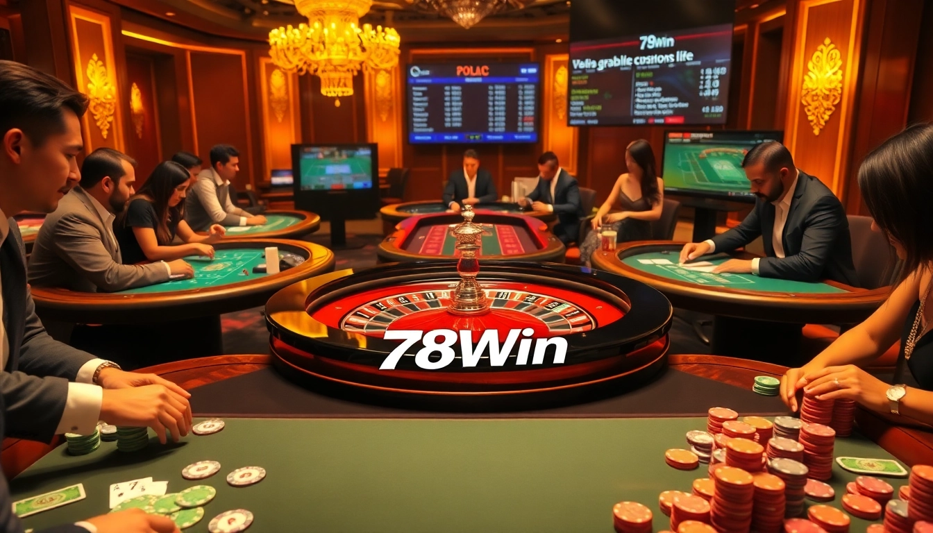 Experience strategic play at 78Win's exciting casino tables with vibrant chips and cards.