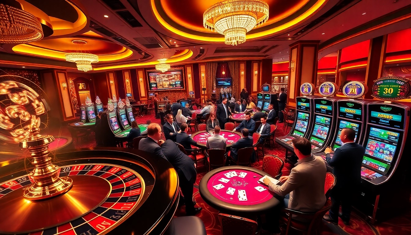 Engaging players enjoying a vibrant atmosphere at 789club casino gaming floor with roulette and poker tables.