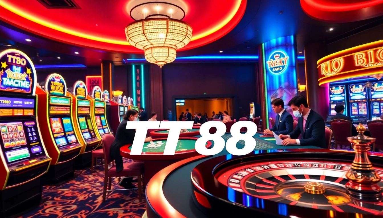 Experience the excitement of TT88 in a vibrant casino setting with slot machines and gaming tables.