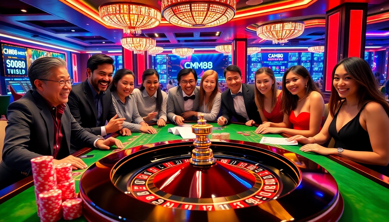CM88 gamers celebrate at an exciting roulette table in a vibrant casino scene.