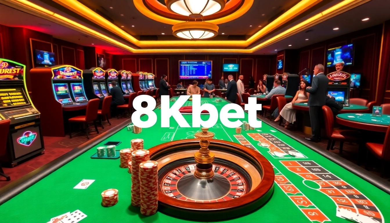 Experience the thrill of 8kbet with vibrant poker tables and slot machines in a luxurious casino setting.