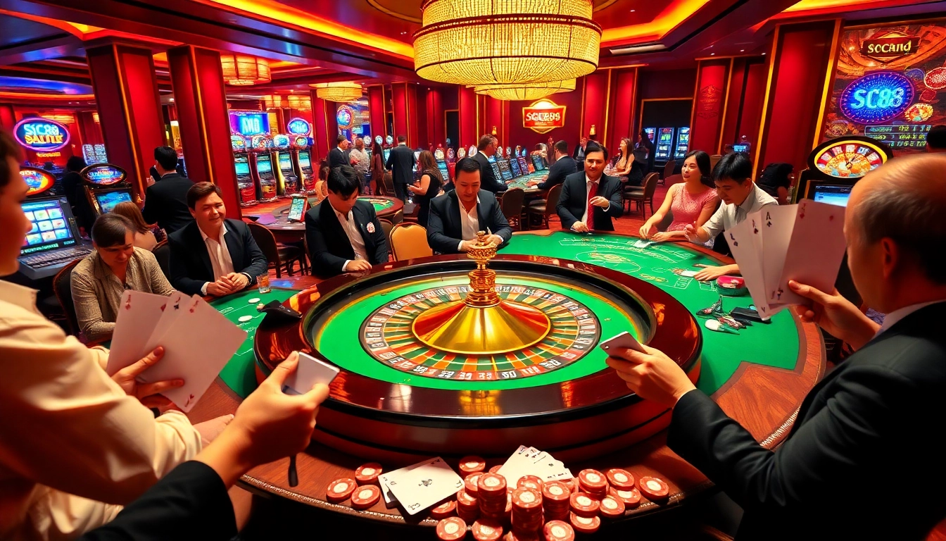 SC88 players enjoying a thrilling moment at a luxury casino table with vibrant poker chips.