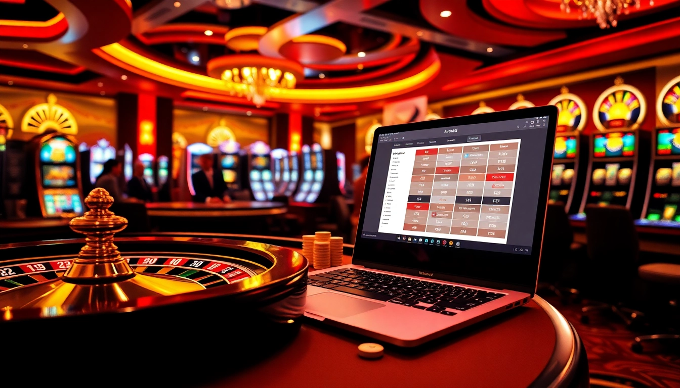 Scène engageante mettant en avant des éléments de jeu en ligne, soulignant l'atmosphère du casino en ligne Français avec des détails vibrants et luxueux.