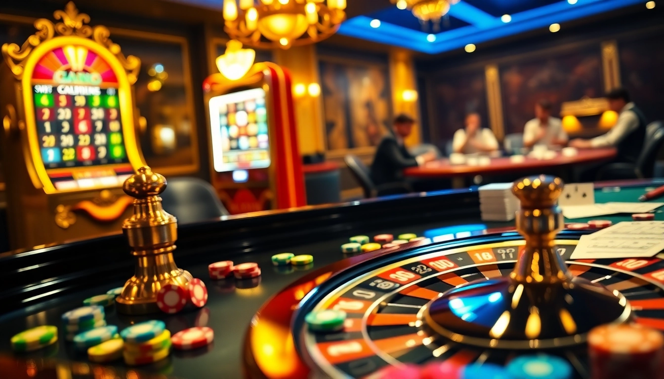 Scène passionnante de casino en ligne français avec roulette, poker et jetons colorés
