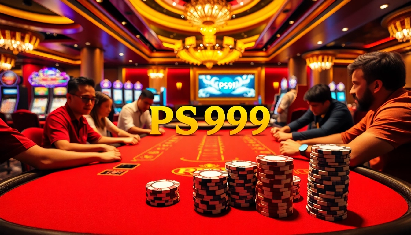 PS99 players enjoying an intense game at a luxurious casino table, showcasing excitement and strategy.