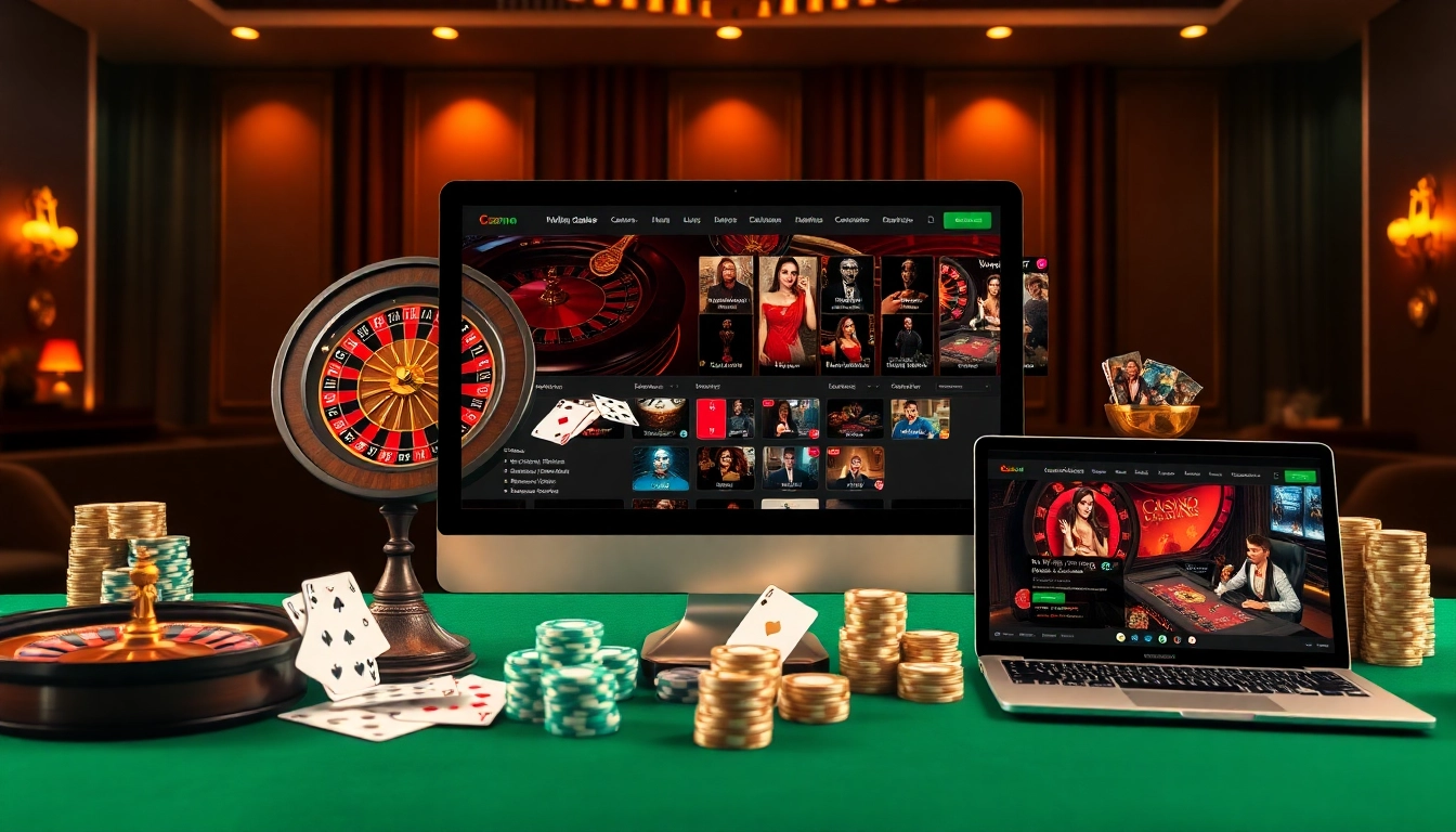 Experience the thrill of online gambling with a sophisticated casino en ligne Français interface showcasing roulette, cards, and poker chips.