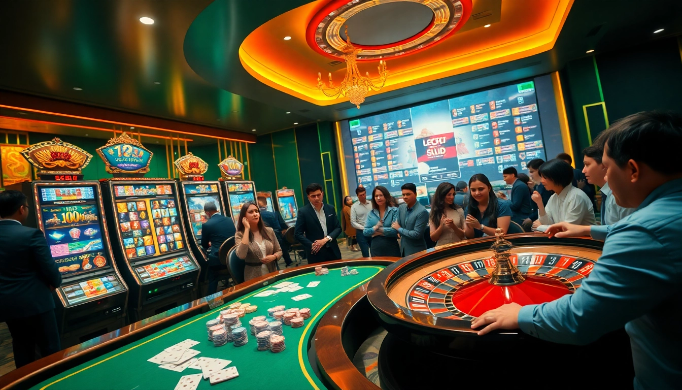 Players enjoying a thrilling experience at 78Win's online casino, surrounded by vibrant slot machines and poker tables.