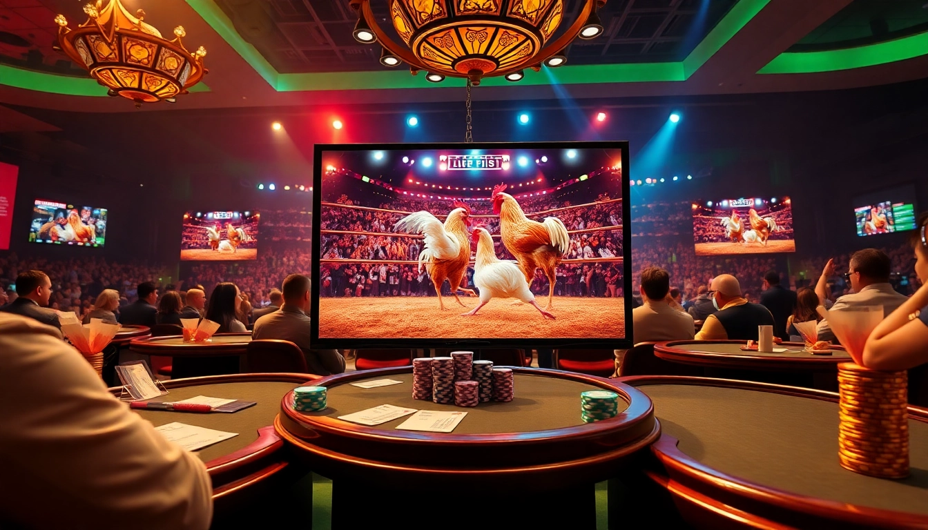 View streaming of trang đá gà trực tiếp hôm nay with casino elements and vibrant atmosphere.