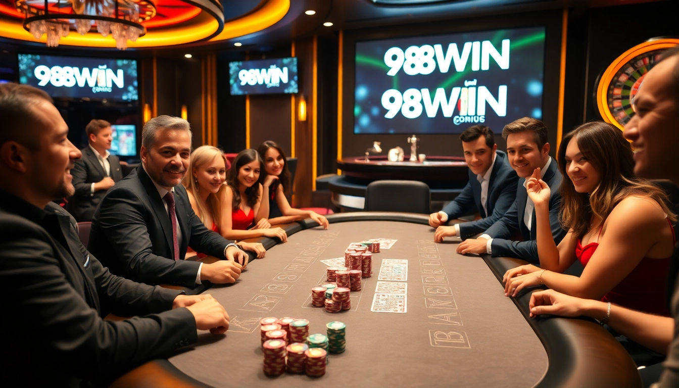 Players strategizing at a 98WIN poker table with vibrant chips and an exciting roulette wheel.