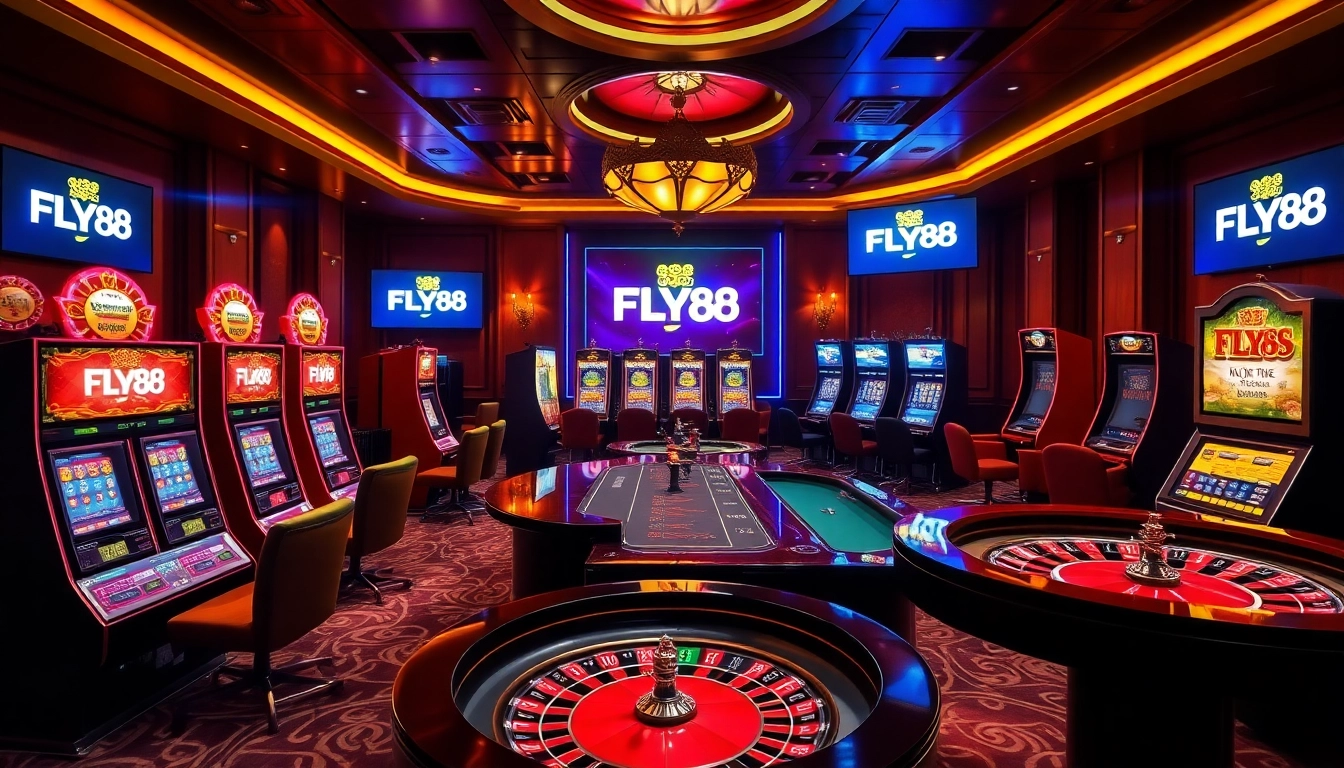 Vibrant FLY88 online casino scene showcasing slots and poker tables for immersive gambling.