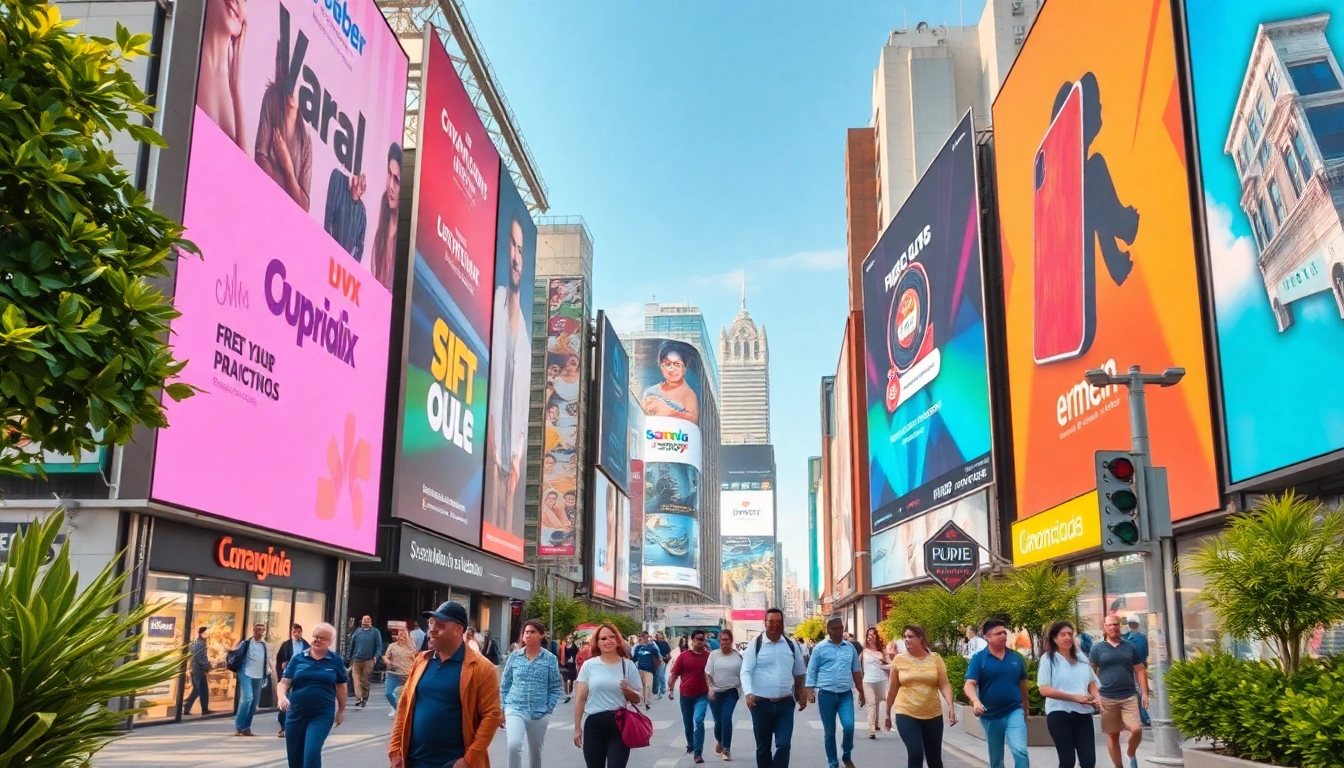 Transforma tu visibilidad con una publicidad espectacular efectiva marketing digital en guadalajara, mostrando vallas publicitarias vibrantes en una animada escena urbana.