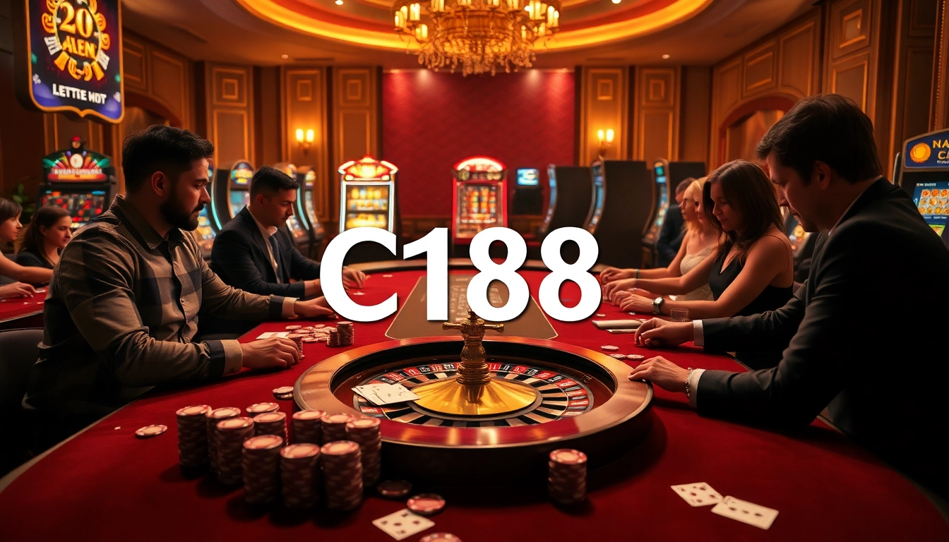 C168 casino gamers enjoying high-stakes action at a luxurious casino table with cards and chips.