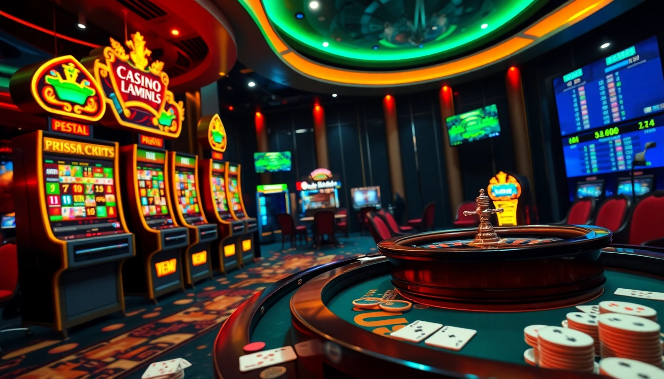 Atmosphère passionnante de casino en ligne Français avec des machines à sous vibrantes et des tables de poker