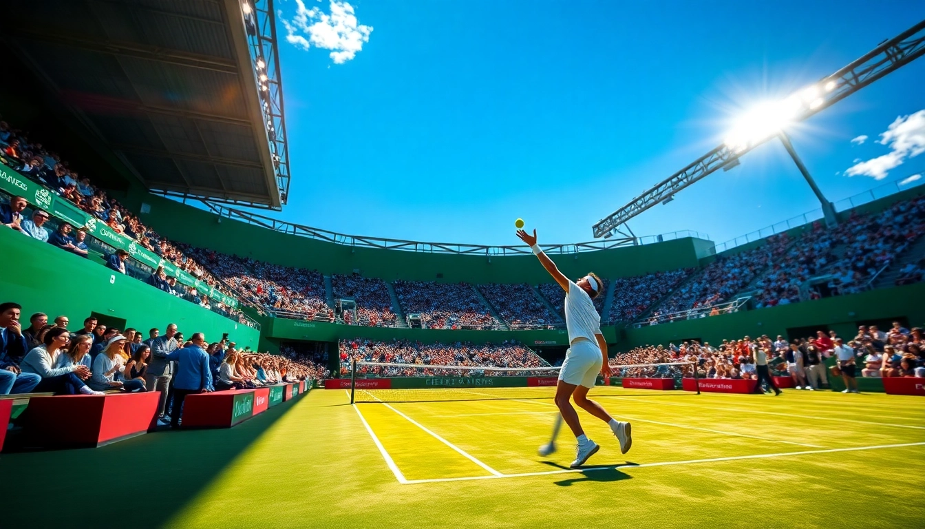 Paris sportif tennis match with a player serving in the sunshine, showcasing competitive spirit. related image