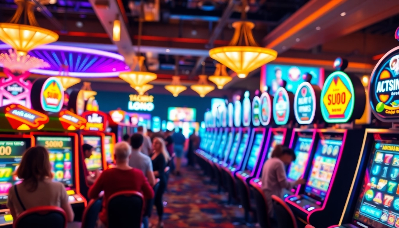 Joueurs s'amusant aux machines à sous casino, éclairage dynamique et ambiance festive. related image