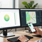 Analyse de logiciel espion sur smartphone dans un bureau moderne, avec application espion affichée sur un écran.