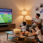 Famille profitant de leur abonnement IPTV avec des chaînes en 4K Ultra HD dans un salon chaleureux.