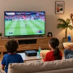 Famille utilisant un abonnement IPTV pour regarder des événements sportifs en direct dans leur salon confortable.