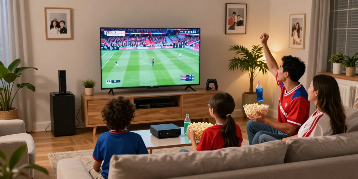 Famille utilisant un abonnement IPTV pour regarder des événements sportifs en direct dans leur salon confortable.