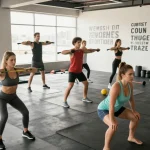 Steroide Boutique : Enthousiastes du fitness s'entraînant dans une salle de gym moderne, ambiance énergique et motivante, équipement visible.