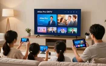 Famille profitant d'Atlas pro ontv sur plusieurs appareils dans un salon moderne.