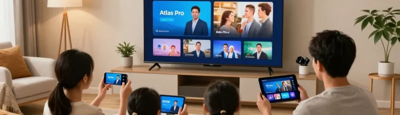 Famille profitant d'Atlas pro ontv sur plusieurs appareils dans un salon moderne.