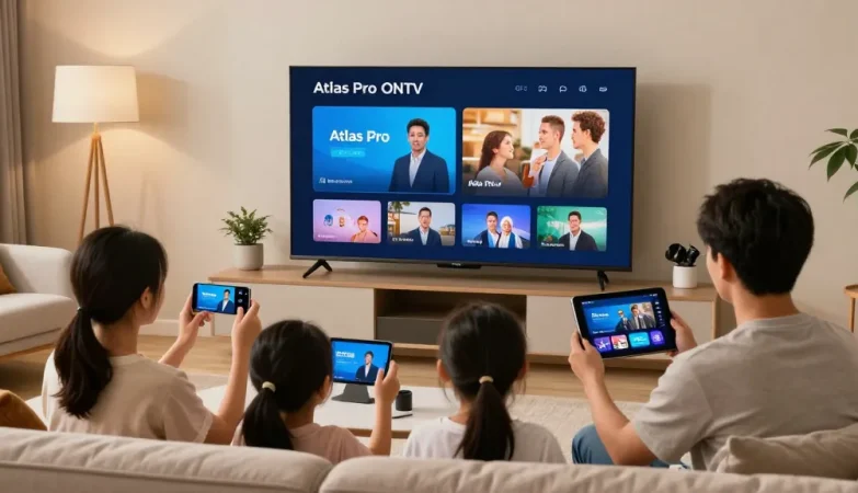 Famille profitant d'Atlas pro ontv sur plusieurs appareils dans un salon moderne.