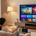 Famille profitant d'une soirée cinéma avec Iron TV Pro sur leur Smart TV.