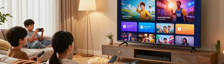 Famille profitant d'une soirée cinéma avec Iron TV Pro sur leur Smart TV.