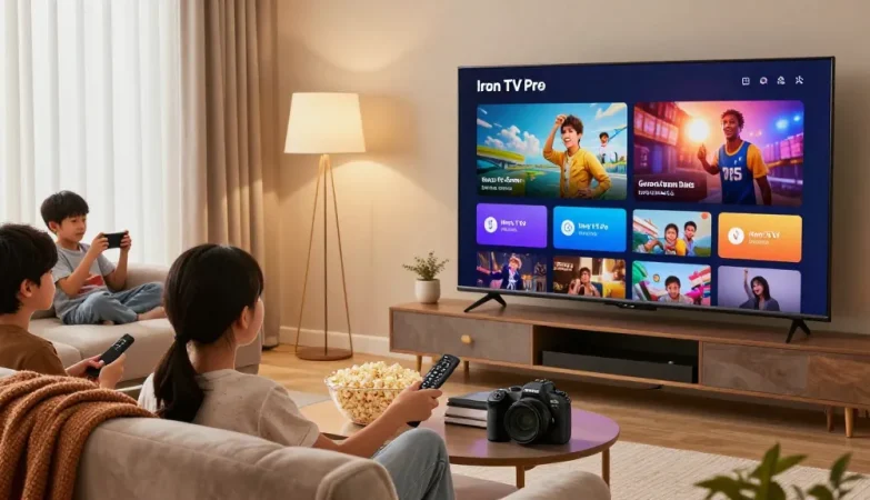 Famille profitant d'une soirée cinéma avec Iron TV Pro sur leur Smart TV.